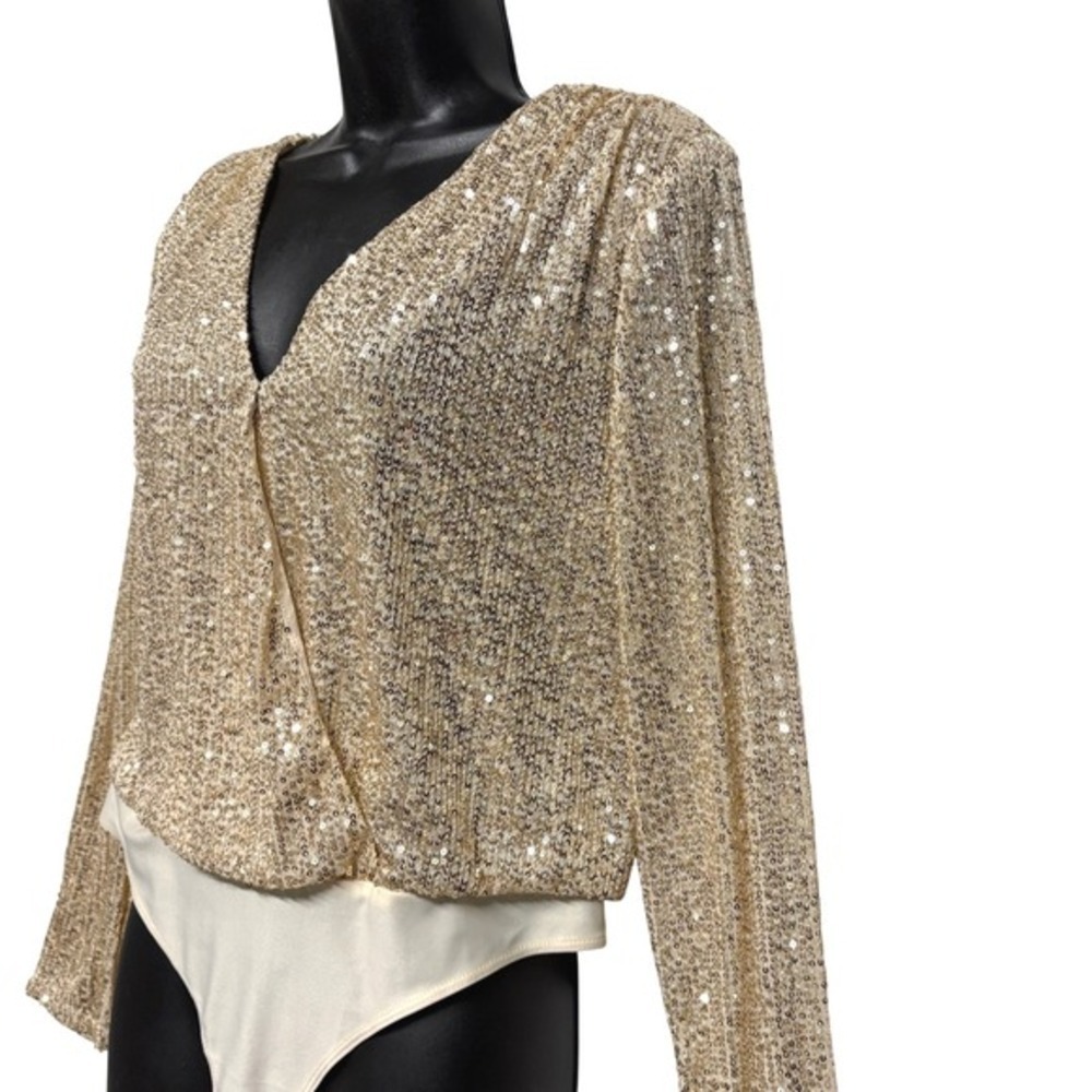 NWT Sequin Bodysuit Top Gold Champagne Long Sleeve Party Cocktail Women's Medium - Picture 3 of 10